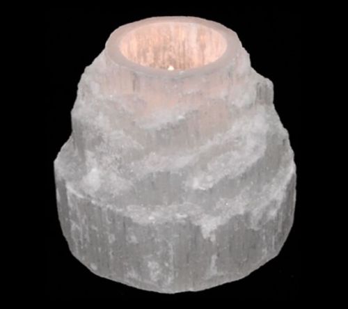 Teelichthalter Selenit sphärisches Kerzenlicht Berg 8 x 9 cm