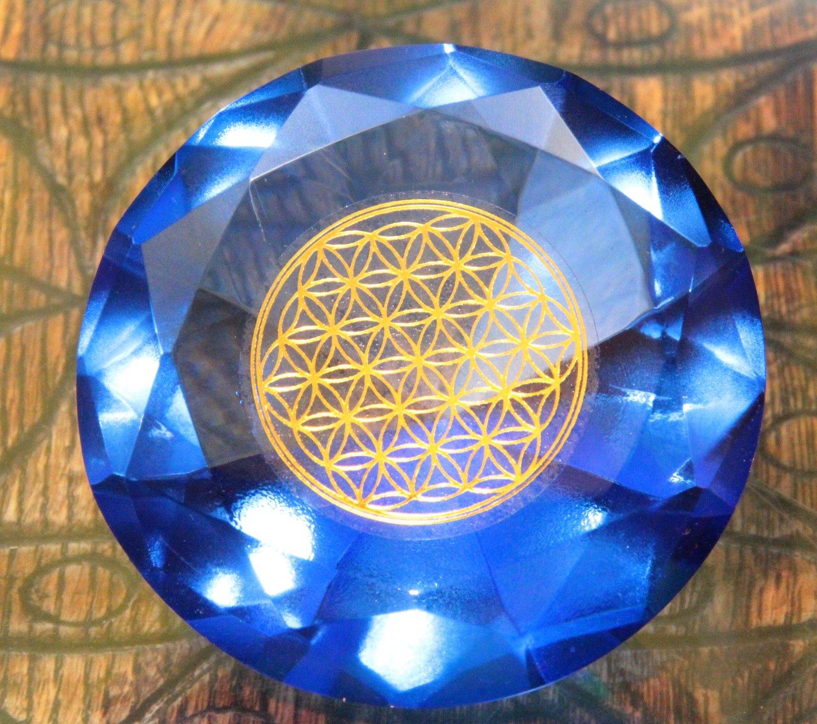 Tachyonen Glas Diamant Blume des Lebens Energiearbeit Blau 45 mm